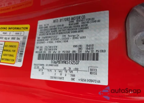 2019 Ford Mustang Ecoboost из США, поврежденный, VIN 1FA6P8TH9K5152537